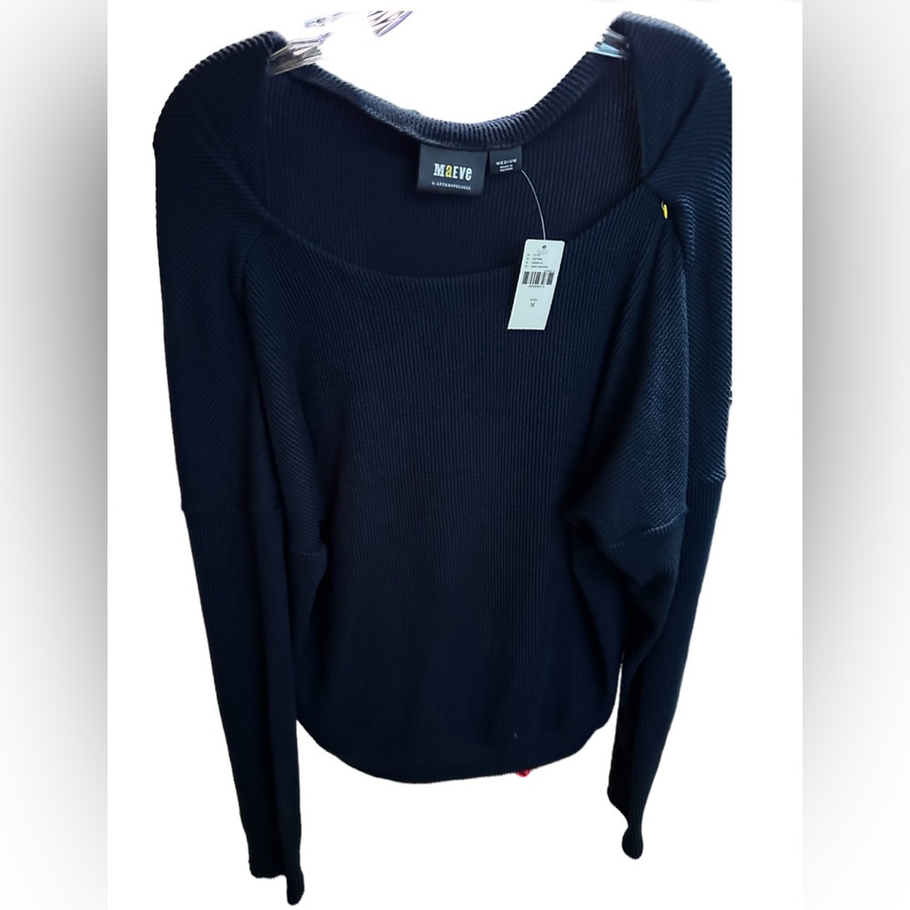 Anthropologie Maeve Boat Neck Top Textured Long Sleeve Navy Blue Size M NWT - Picture 1 of 4